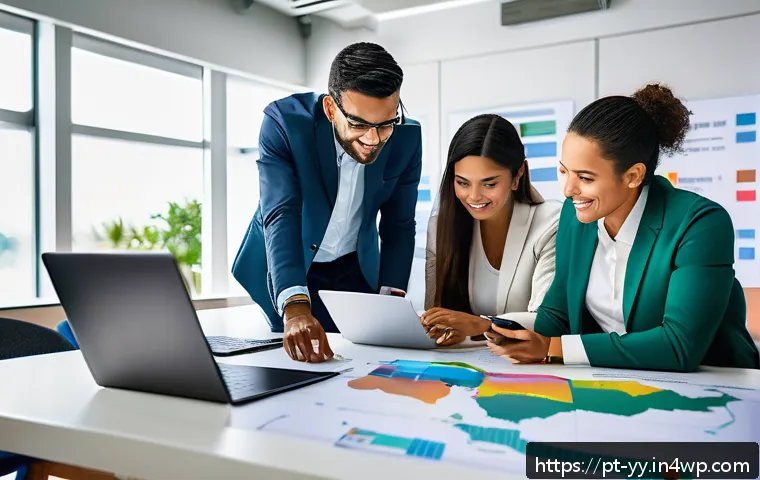 데이터 시각화의 경제적 가치 분석 - A modern corporate office scene showing a diverse Brazilian business team collaborating around a lar...