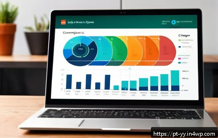 정보 시각화의 아트와 사이언스 결합하기 - A vibrant and modern digital dashboard interface displayed on a sleek laptop screen, showcasing inte...