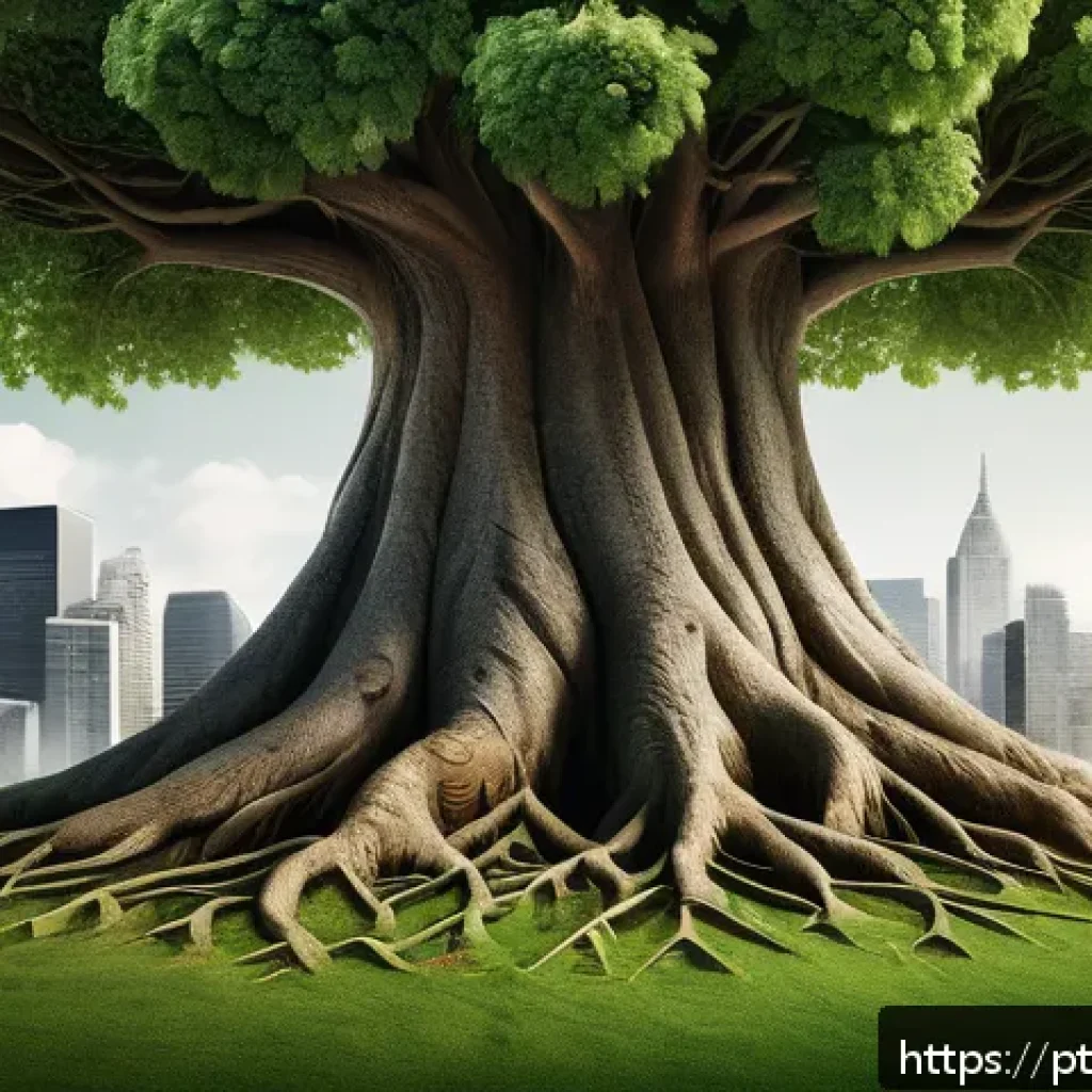 정보 시각화에서의 메타포 활용 - A detailed and vibrant digital illustration of a business growth metaphor as a large, flourishing tr...
