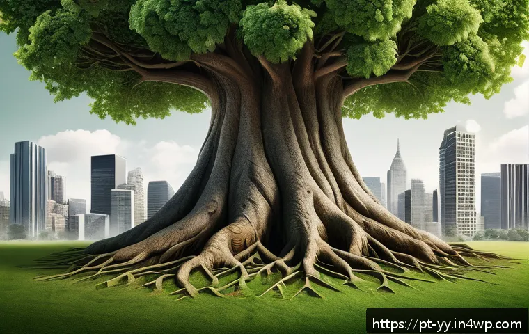 정보 시각화에서의 메타포 활용 - A detailed and vibrant digital illustration of a business growth metaphor as a large, flourishing tr...